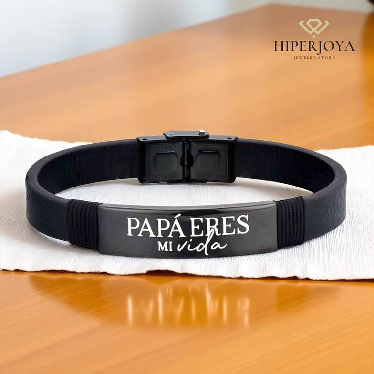 Pulsera de caballero personalizada acero y cuero negro  3