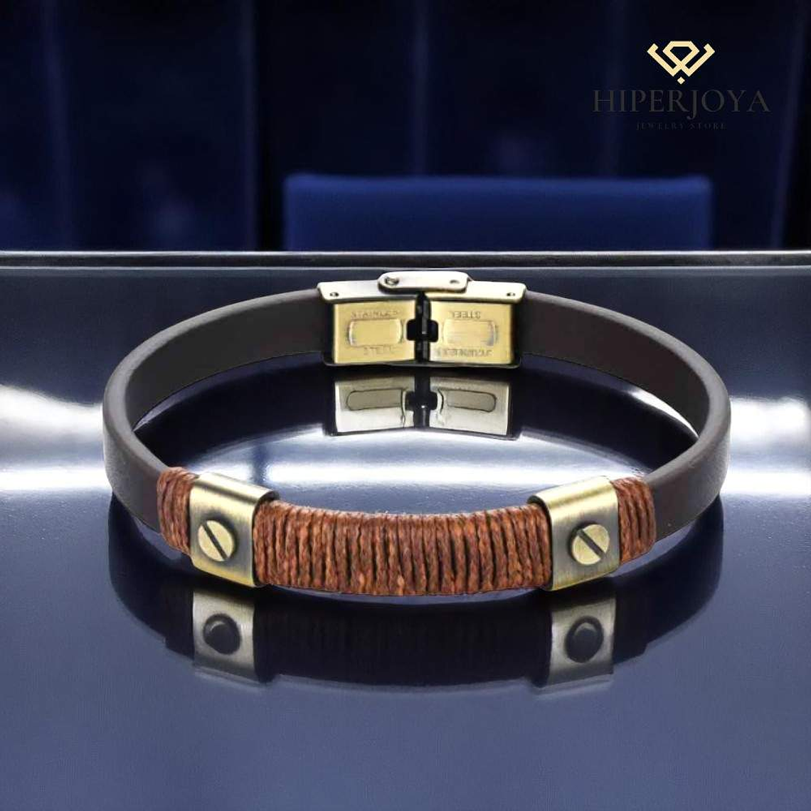 Pulsera de hombre acero dorado con hilo y cuero marrón 4