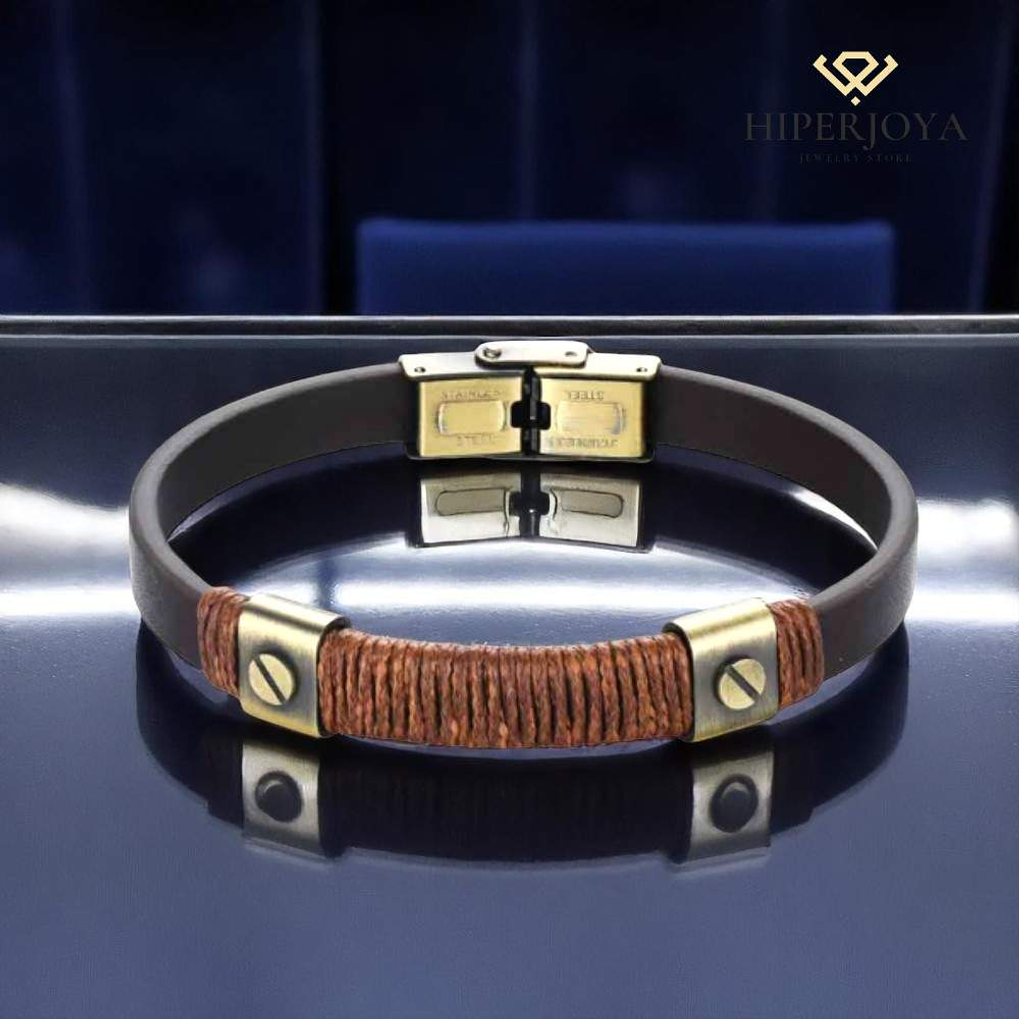 Pulsera de hombre acero dorado con hilo y cuero marrón 4