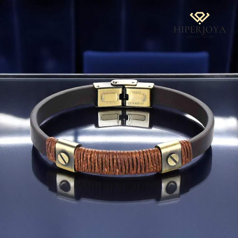 Pulsera de hombre acero dorado con hilo y cuero marrón 4