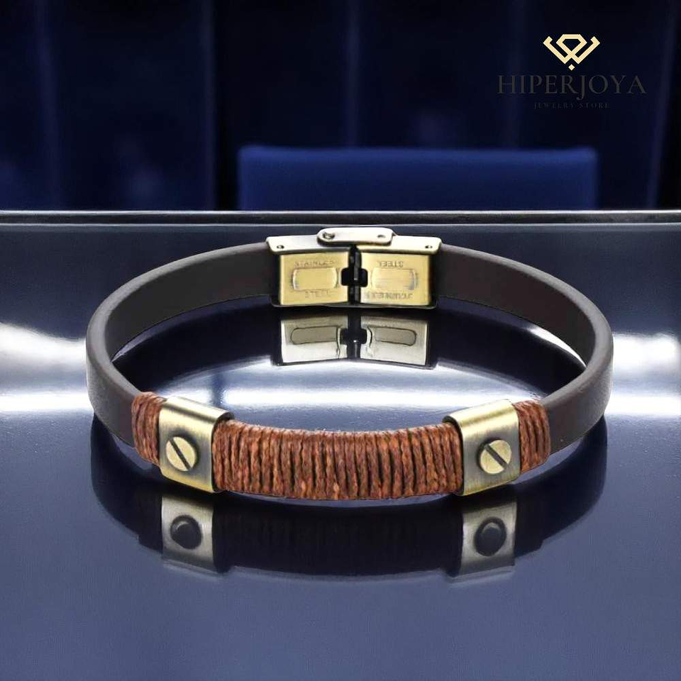 Pulsera de hombre acero dorado con hilo y cuero marrón 4