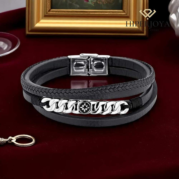 Pulsera de caballero acero cuero trenzado negro 3