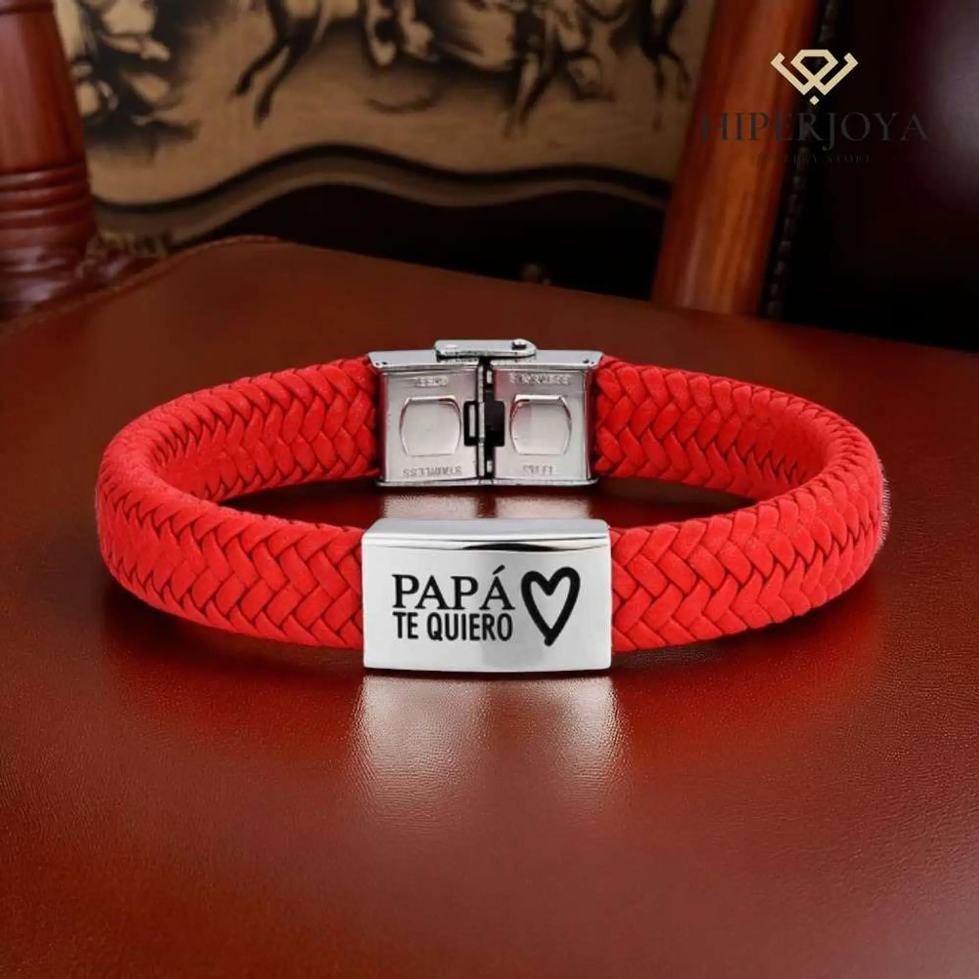 Pulsera papá personalizada cuero rojo trenzado 3