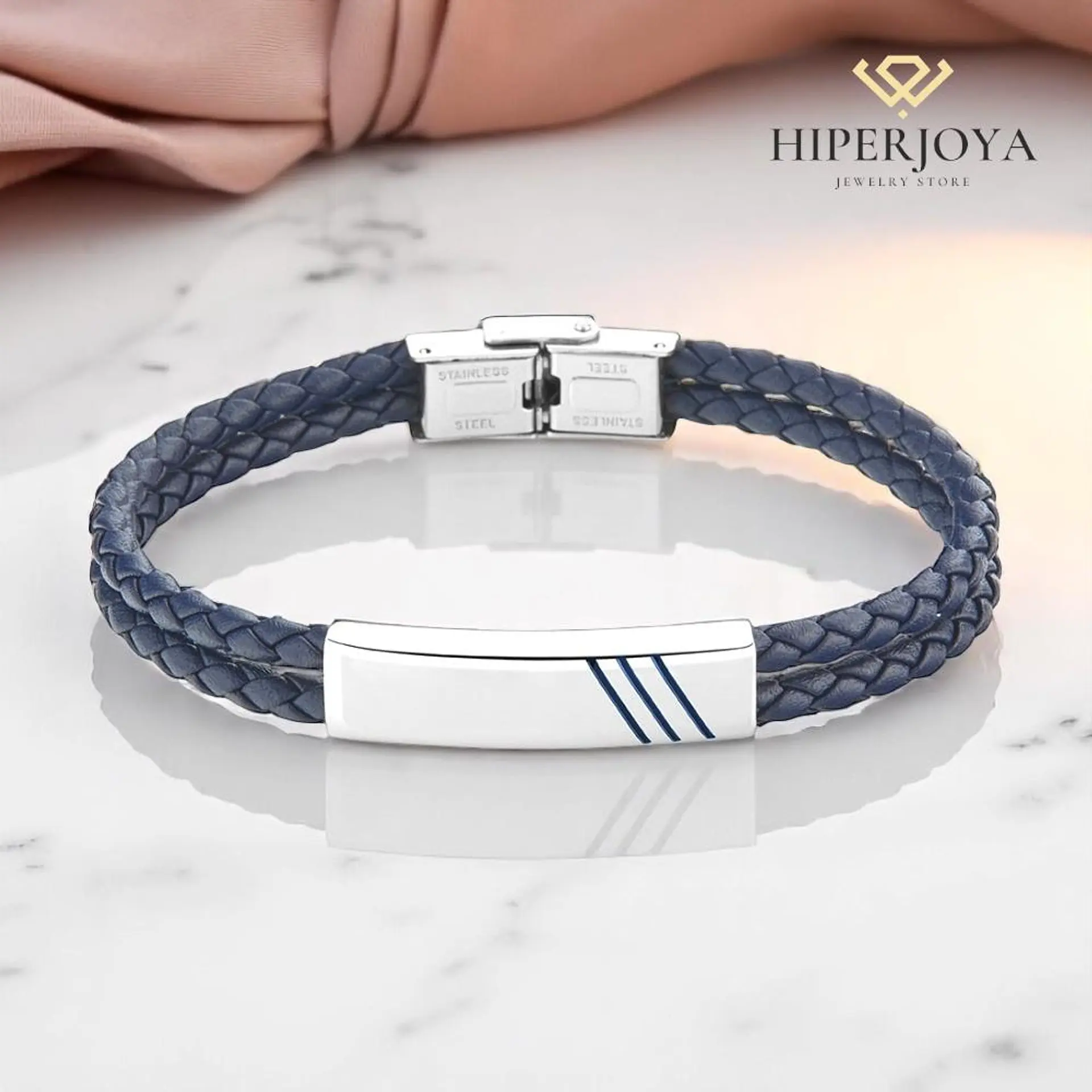Pulsera para caballero en piel azul y acero  3