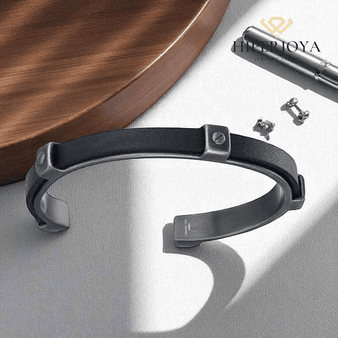 Brazalete de caballero acero y cuero negro 