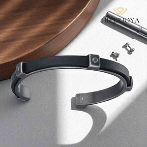 Brazalete de caballero acero y cuero negro 