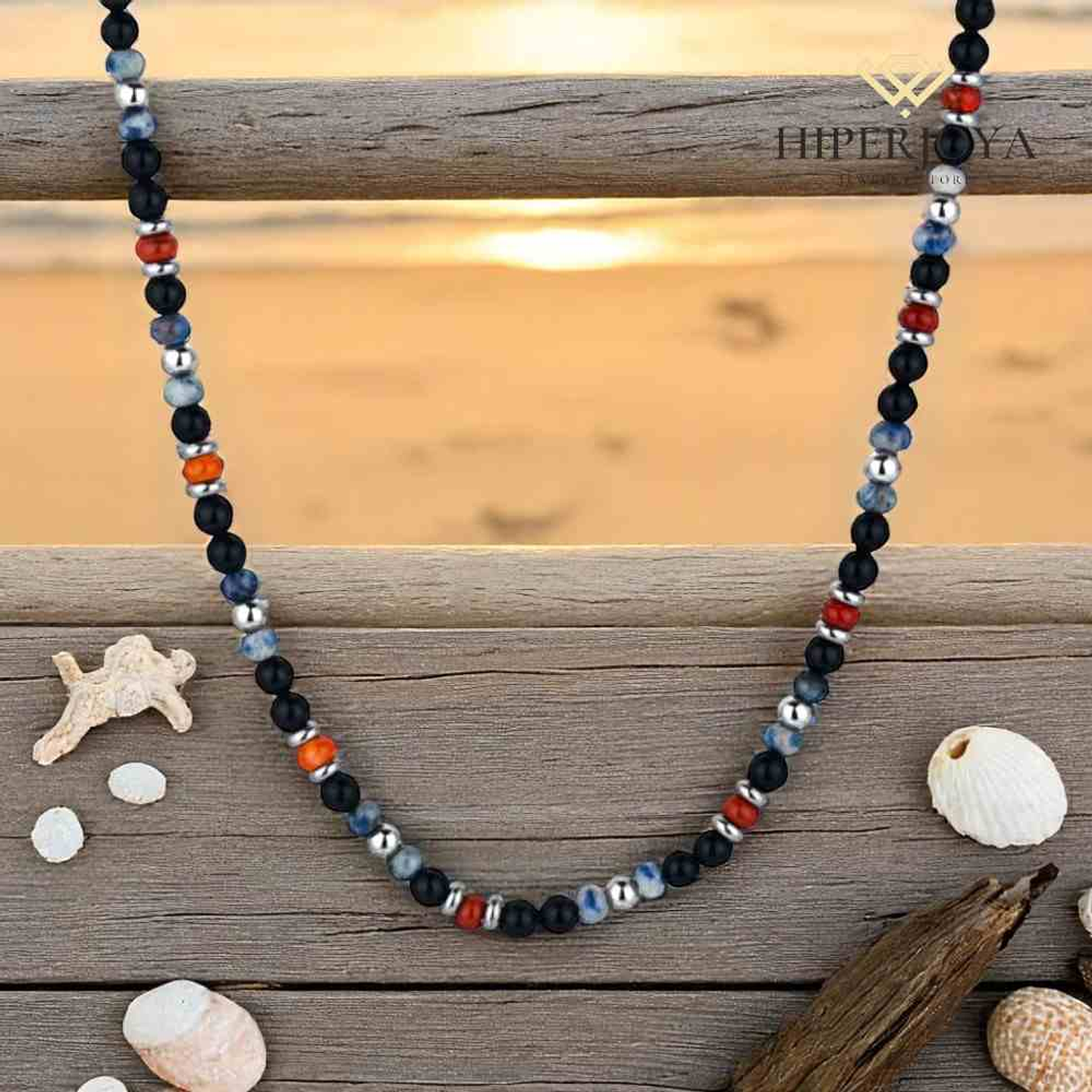 Collar con ágata negra, roja y piedra azul 3