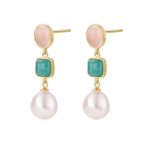 Pendiente de piedra natural cuarzo rosa, amazonita y perla 