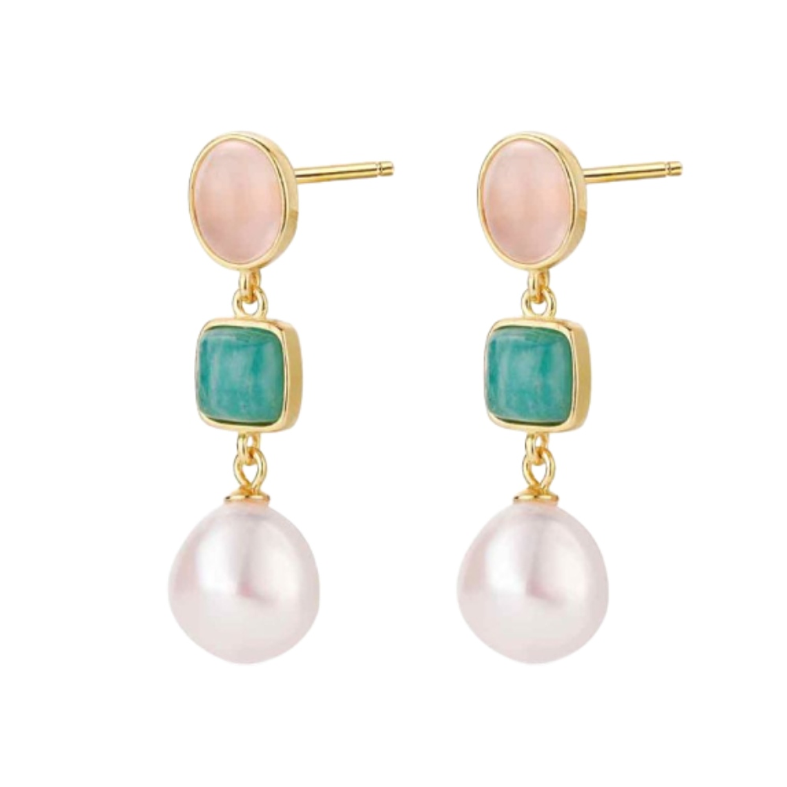 Pendiente de piedra natural cuarzo rosa, amazonita y perla  1