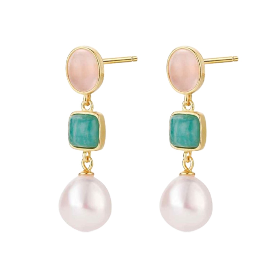 Pendiente de piedra natural cuarzo rosa, amazonita y perla  1