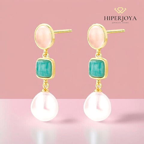 Pendiente de piedra natural cuarzo rosa, amazonita y perla 