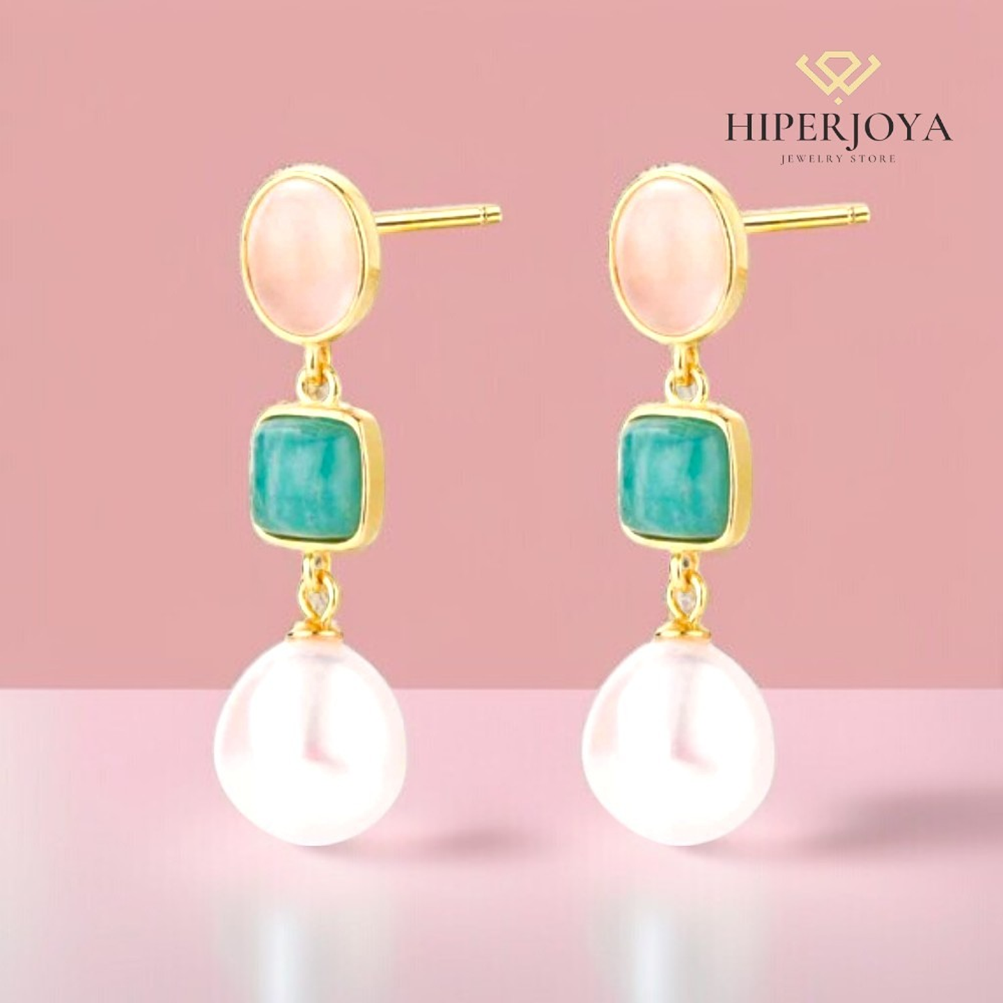 Pendiente de piedra natural cuarzo rosa, amazonita y perla  2