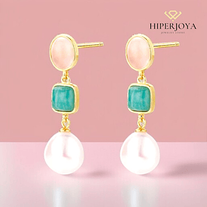 Pendiente de piedra natural cuarzo rosa, amazonita y perla 