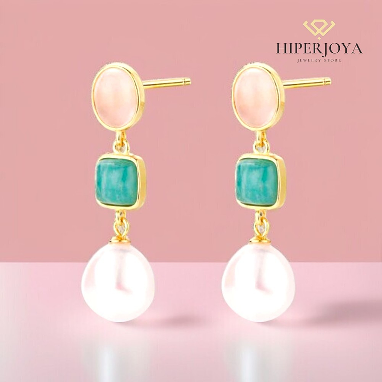 Pendiente de piedra natural cuarzo rosa, amazonita y perla  2