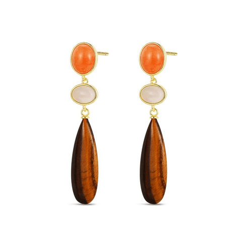 Pendientes de piedra natural ojo de tigre, ágata gris oval, aventurina naranja 