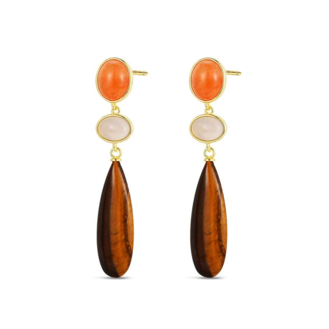 Pendientes de piedra natural ojo de tigre, ágata gris oval, aventurina naranja  1