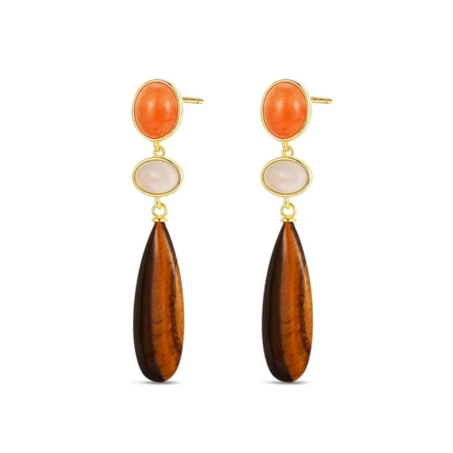 Pendientes de piedra natural ojo de tigre, ágata gris oval, aventurina naranja  1