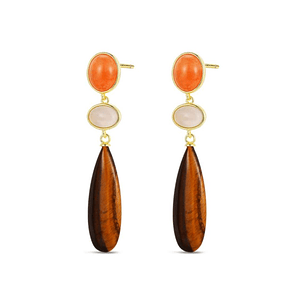 Pendientes de piedra natural ojo de tigre, ágata gris oval, aventurina naranja 