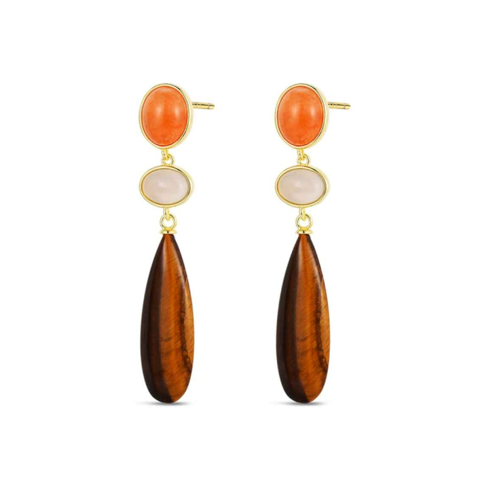 Pendientes de piedra natural ojo de tigre, ágata gris oval, aventurina naranja  1