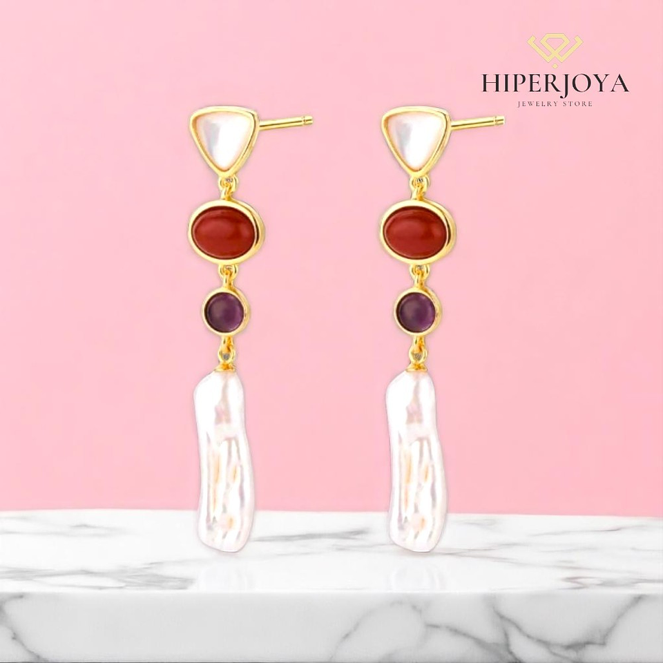 Pendiente de piedra natural ágata blanca, aventurina roja, amatista y perla  2