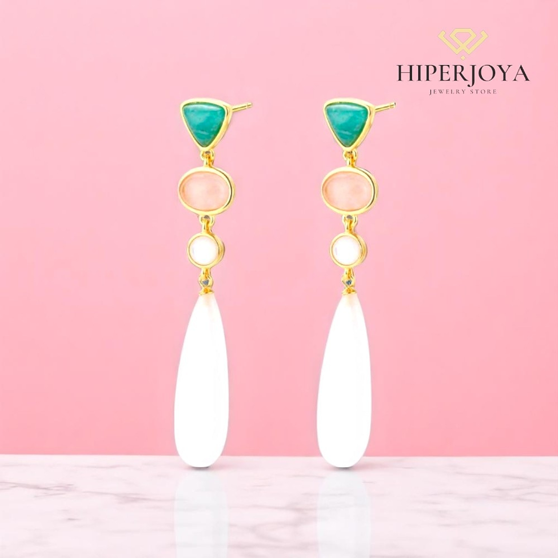 Pendiente de piedra natural amazonita y ágata blanca  2