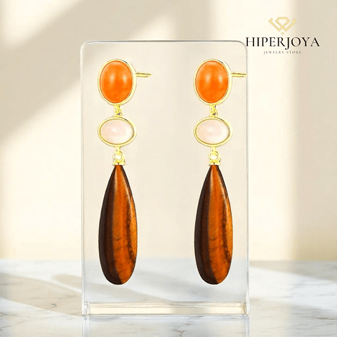 Pendientes de piedra natural ojo de tigre, ágata gris oval, aventurina naranja 