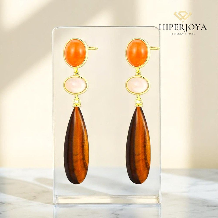 Pendientes de piedra natural ojo de tigre, ágata gris oval, aventurina naranja  2