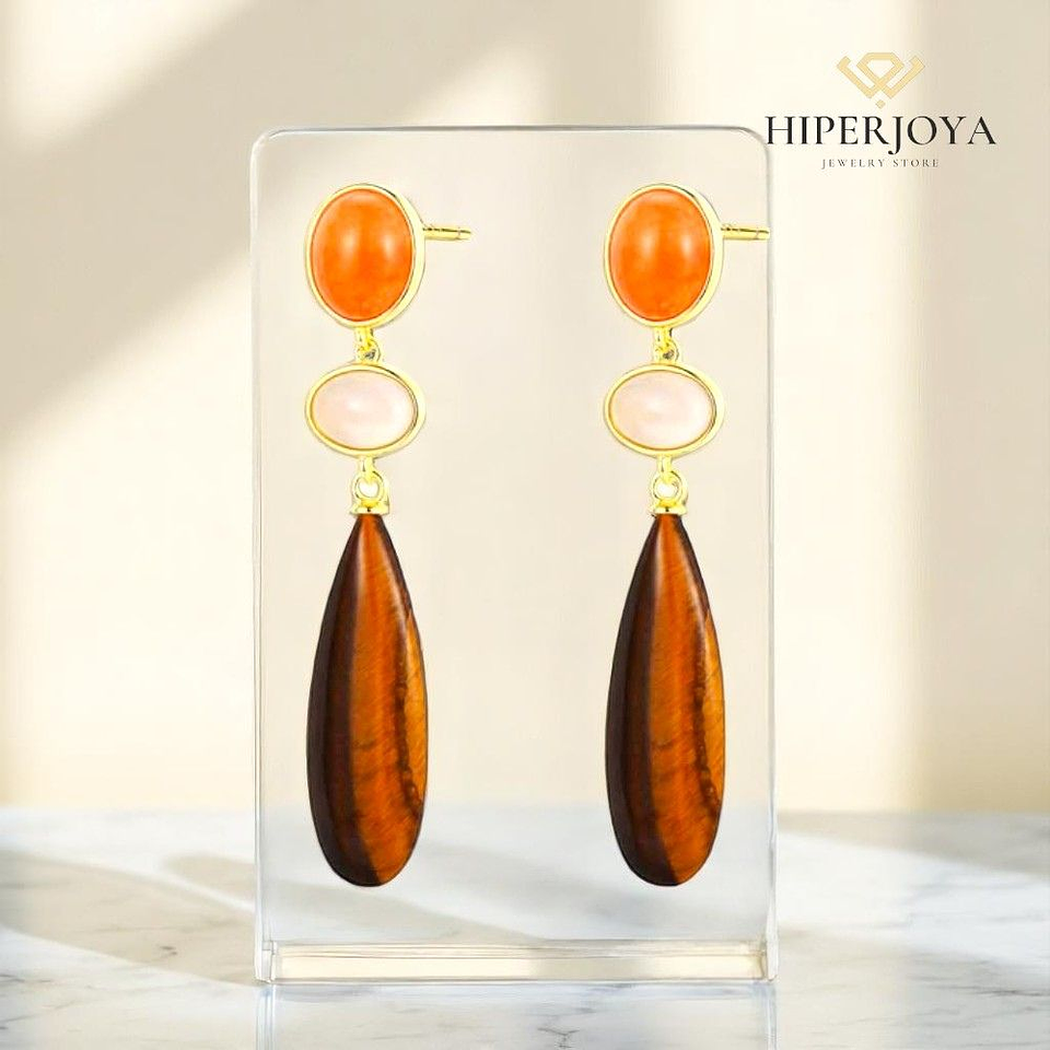 Pendientes de piedra natural ojo de tigre, ágata gris oval, aventurina naranja  2