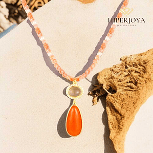 Collar de piedra natural sol, ágata gris y aventurina naranja