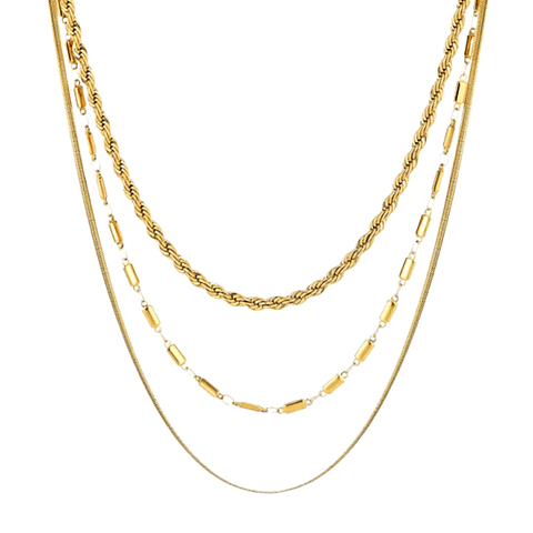 Collar triple de acero con baño de oro 