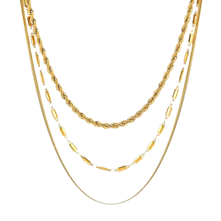 Collar triple de acero con baño de oro  1