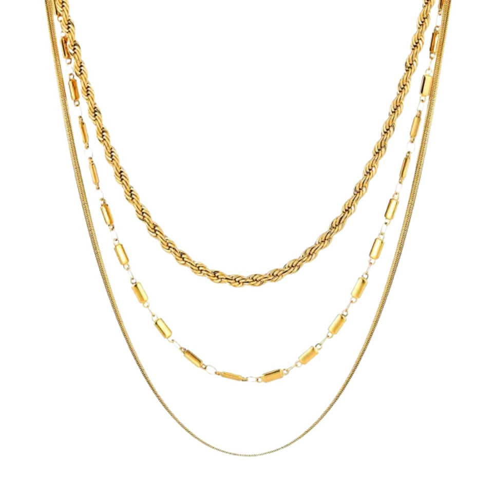 Collar triple de acero con baño de oro  1