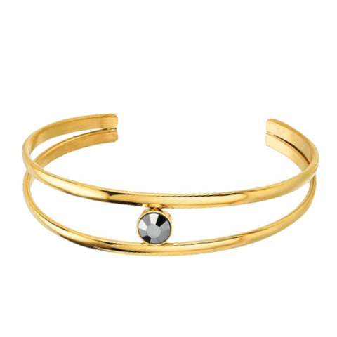 Brazalete aro doble hilo con cristal hematite acero y baño de oro 