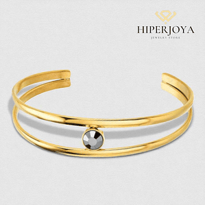 Brazalete aro doble hilo con cristal hematite acero y baño de oro 