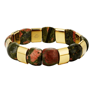 Pulsera de acero con piedras semipreciosas unakita y baño de oro 