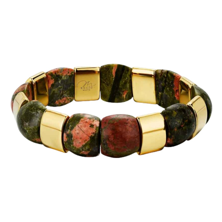 Pulsera de acero con piedras semipreciosas unakita y baño de oro  1