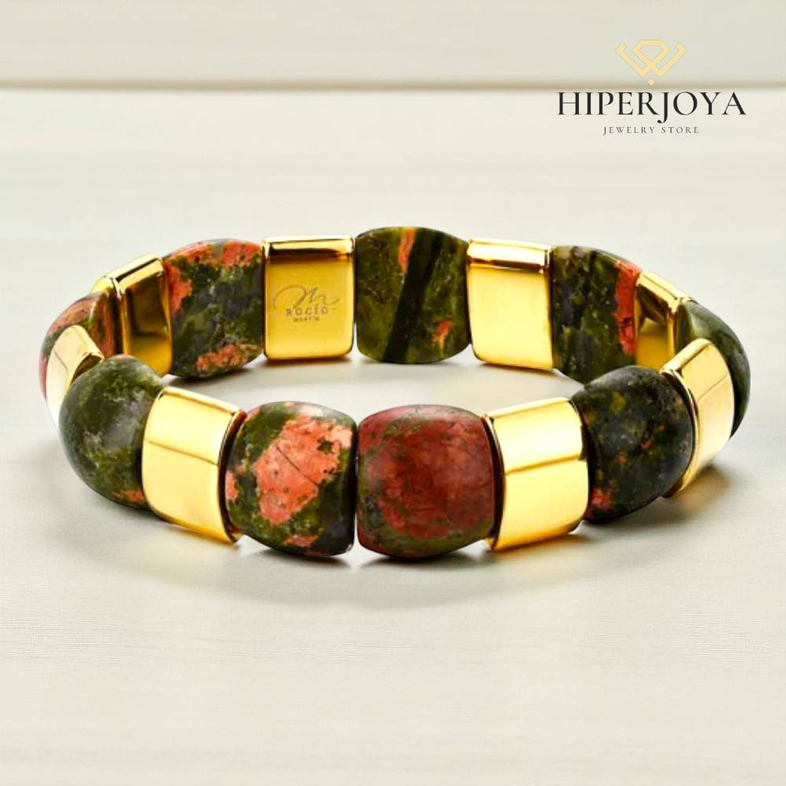Pulsera de acero con piedras semipreciosas unakita y baño de oro  2