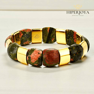 Pulsera de acero con piedras semipreciosas unakita y baño de oro 