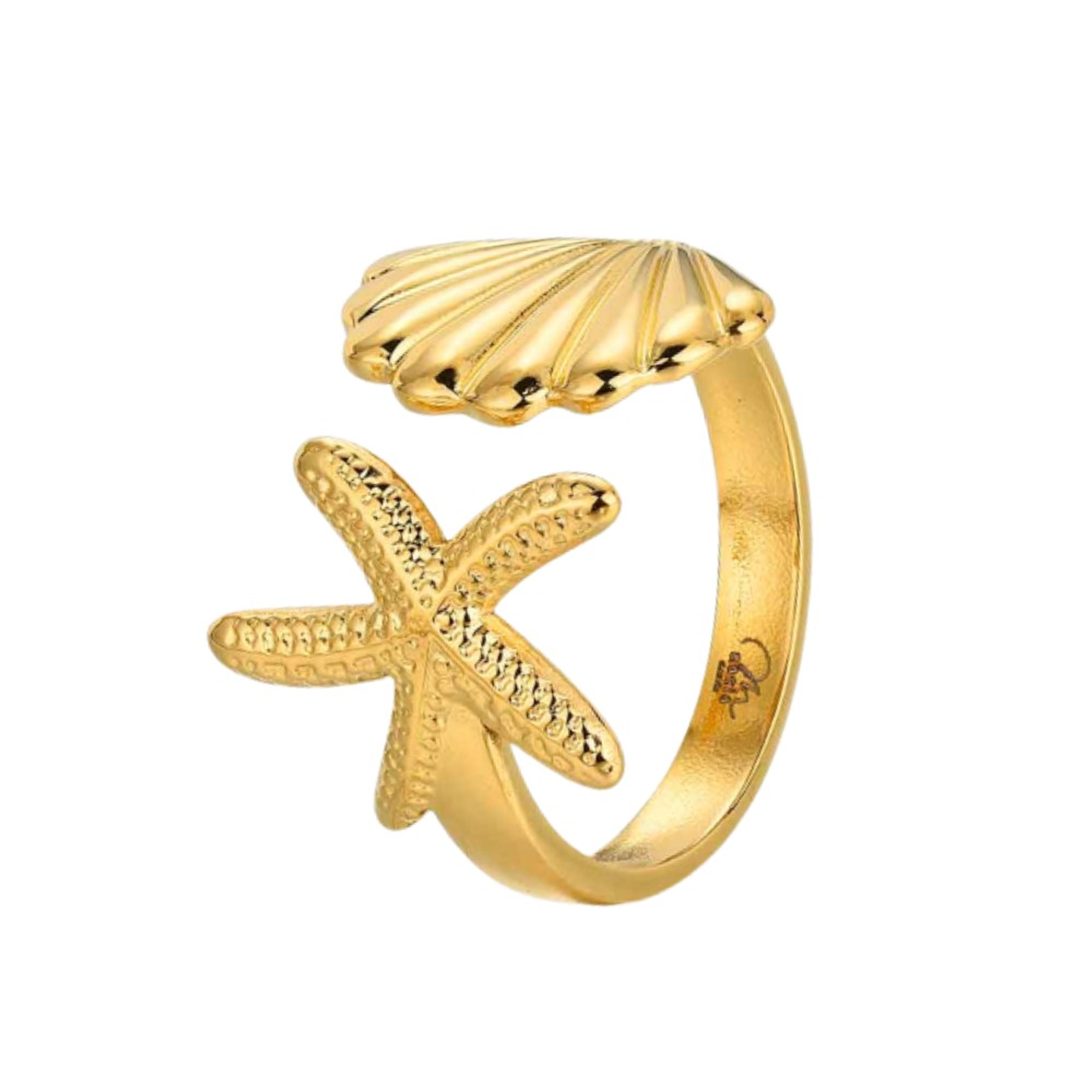 Anillo abierto concha y estrella de mar acero con baño de oro  1