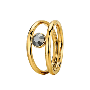 Anillo doble hilo con cristal hematite acero y baño de oro 