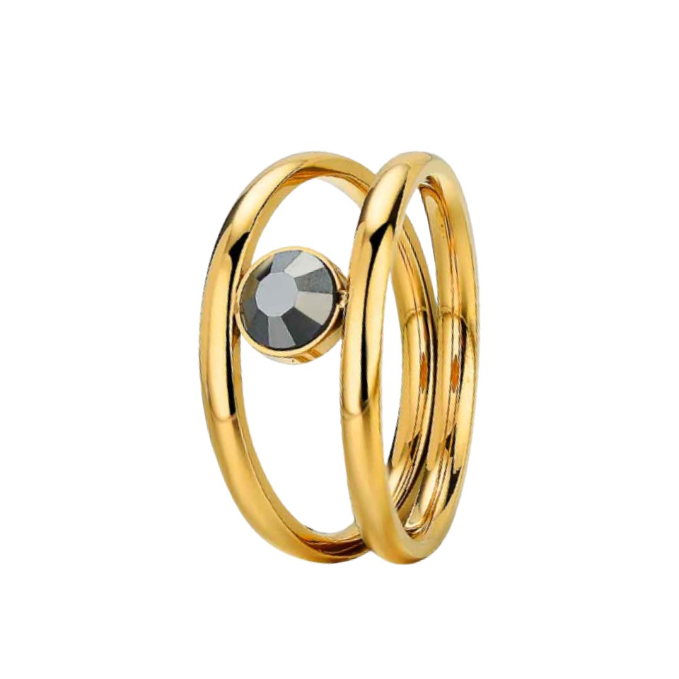 Anillo doble hilo con cristal hematite acero y baño de oro  1