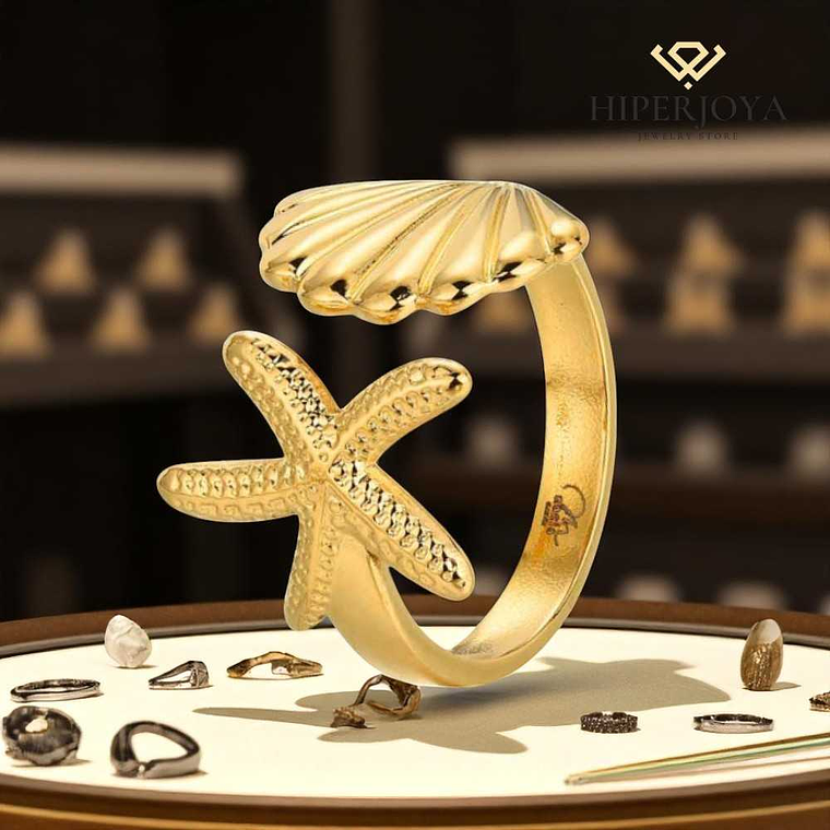Anillo abierto concha y estrella de mar acero con baño de oro  2