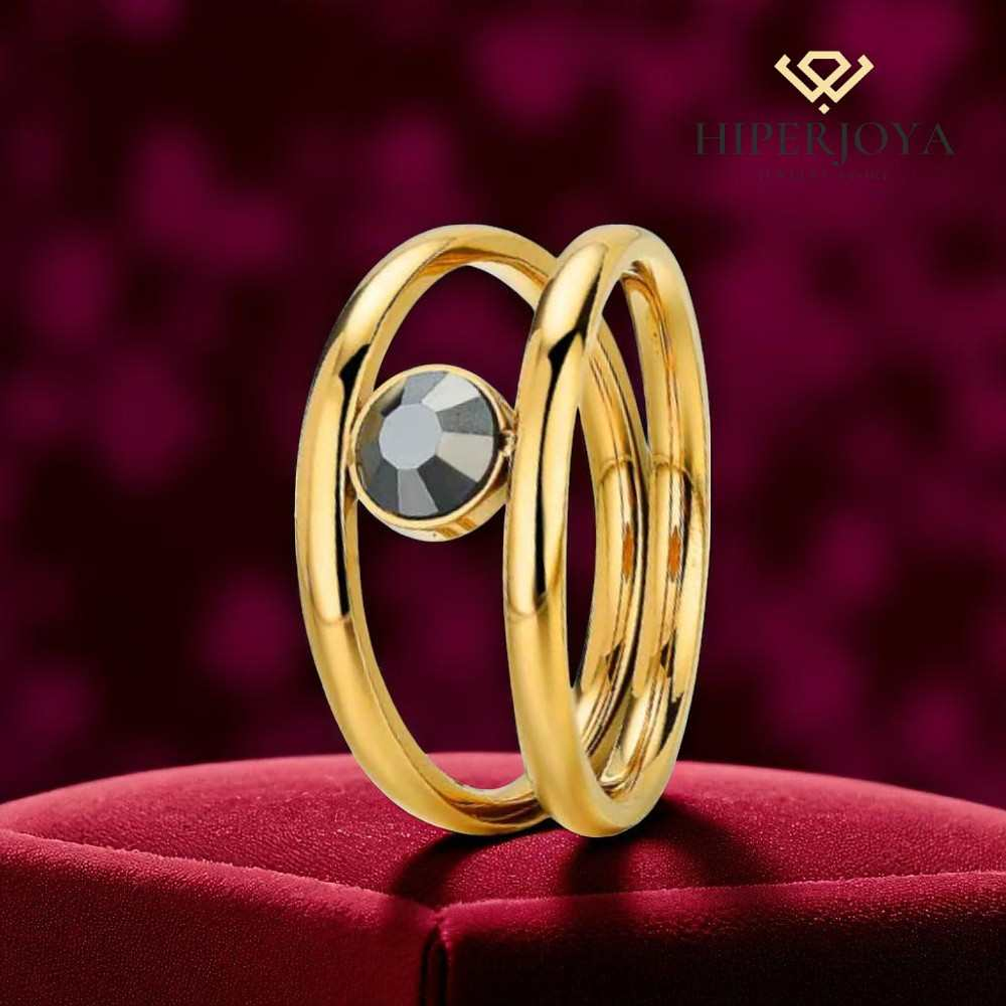 Anillo doble hilo con cristal hematite acero y baño de oro  2