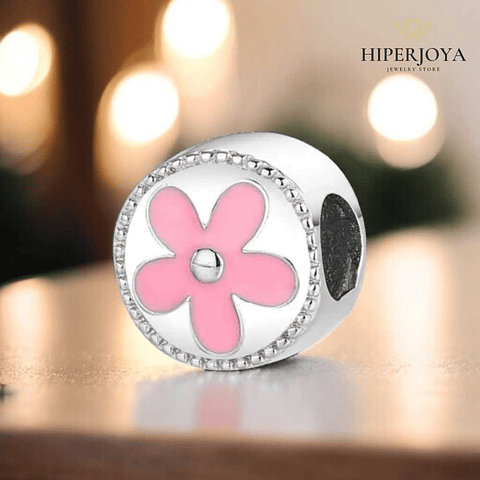 Pink enamel flower bead, silver.