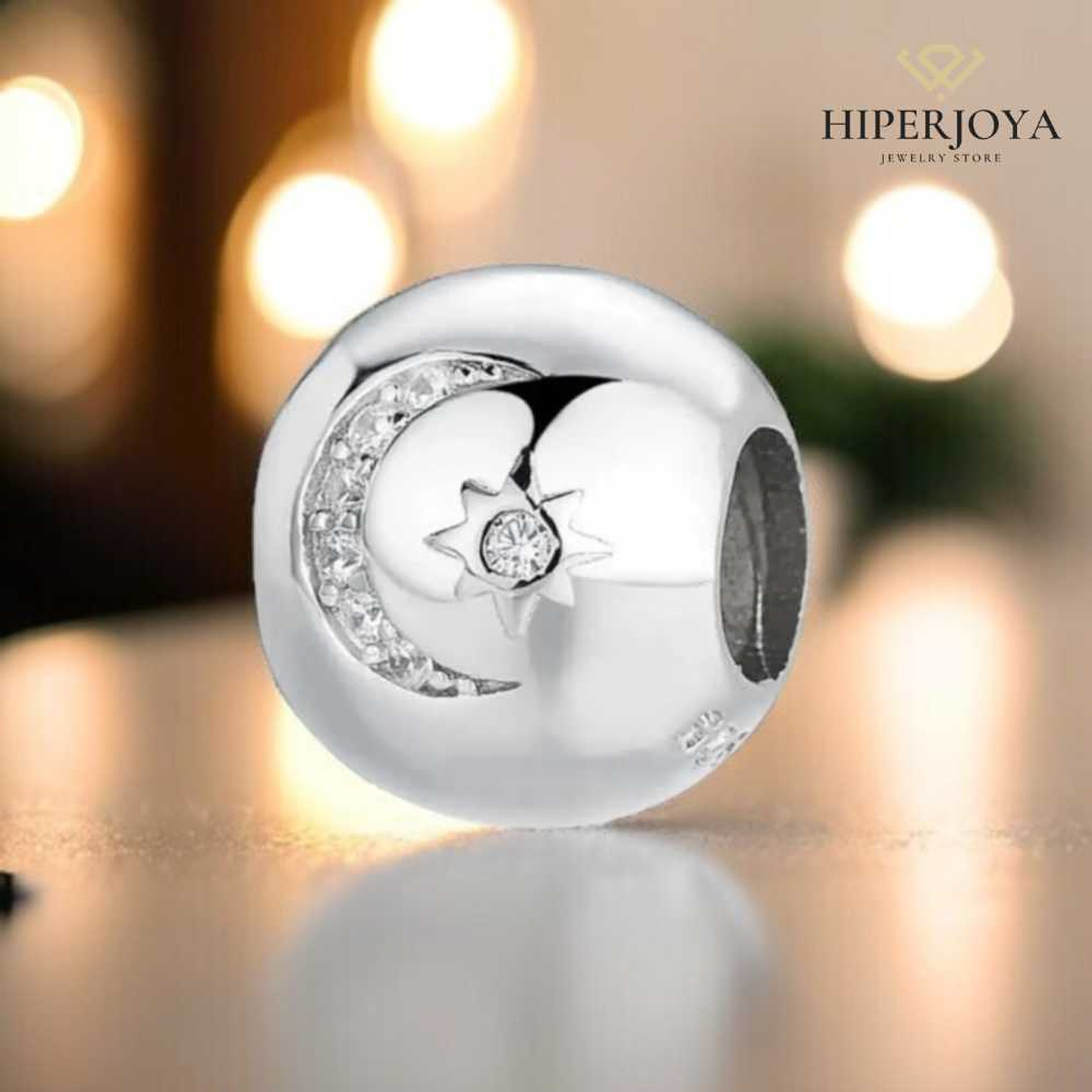 Silver moon and star bead with cubic zirconias  2