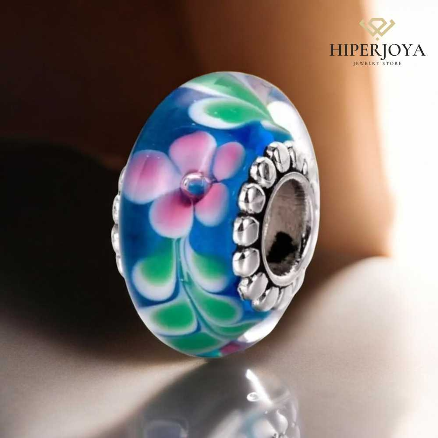 Murano glass bead, silver flowers 2