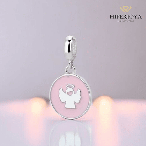 Pink enamel disc bead, silver angel