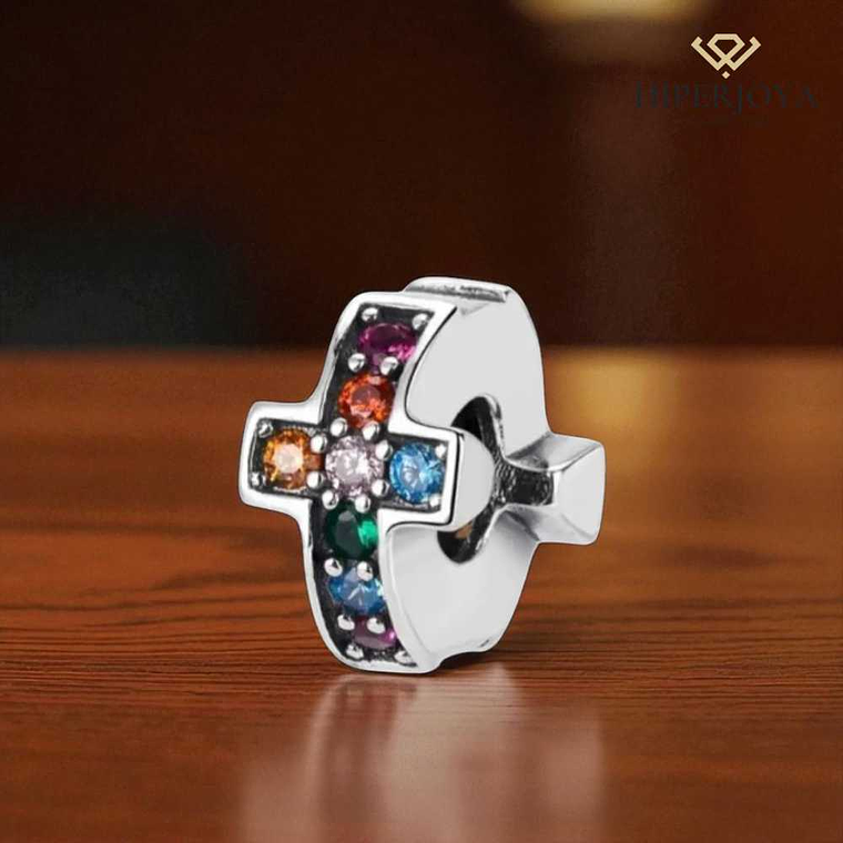 Abalorio cruz multicolor plata 2