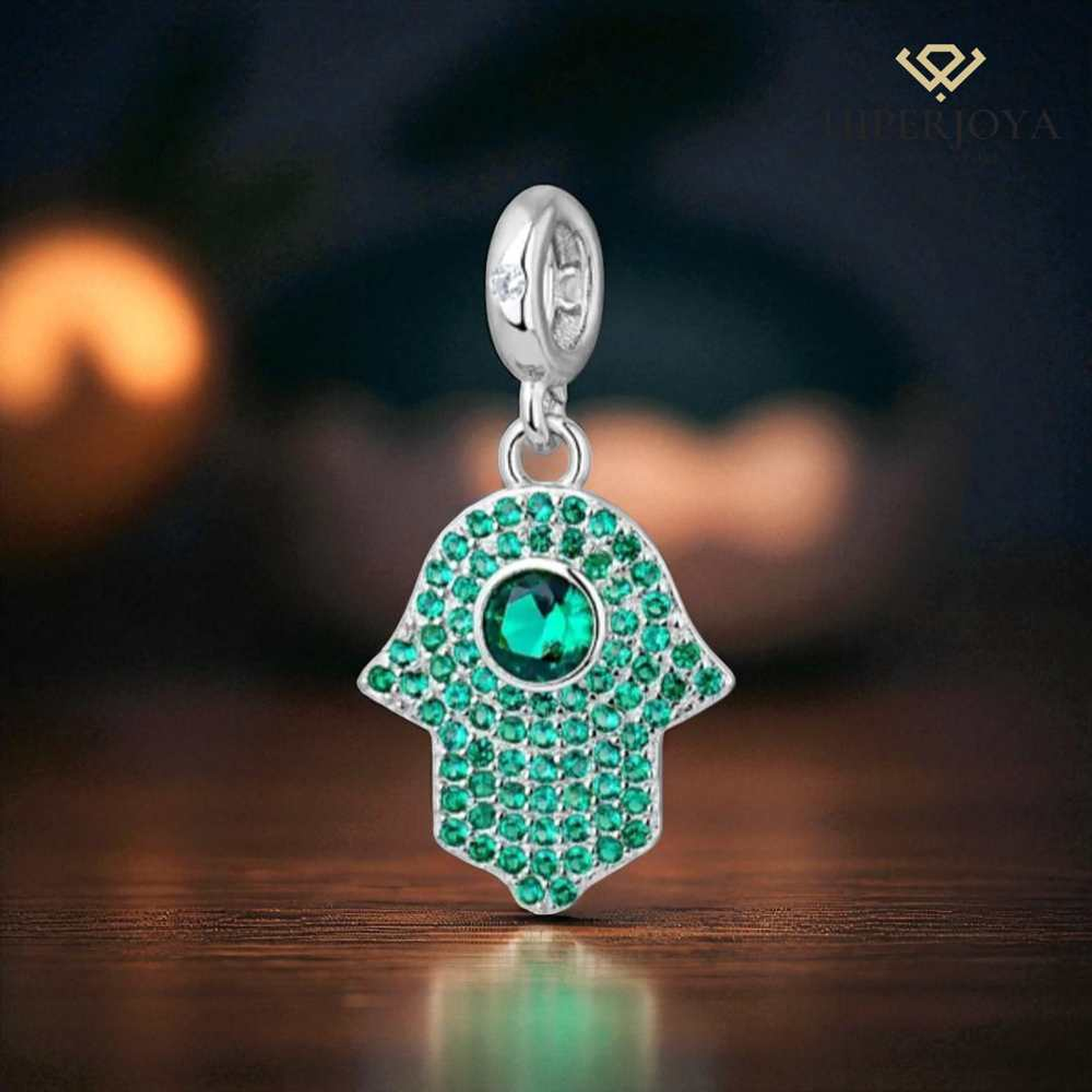 Abalorio hamsa verde plata 2
