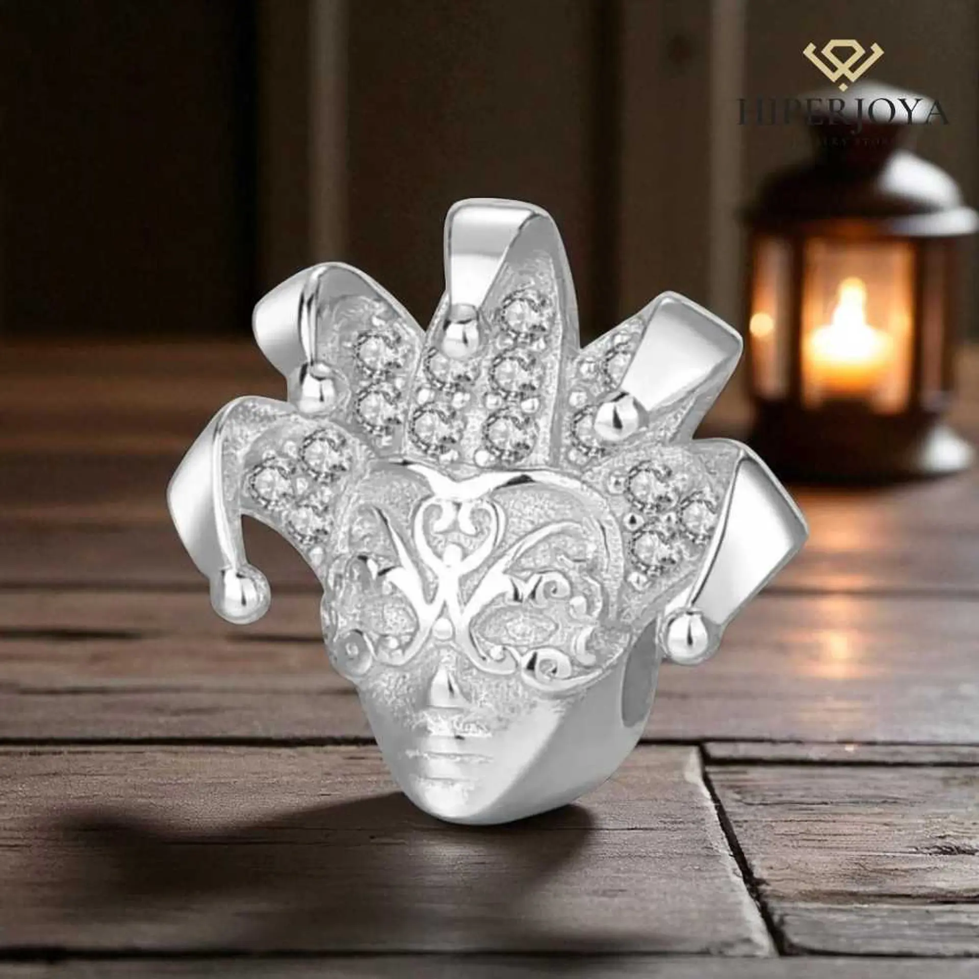Silver clown mask bead with zircons 2